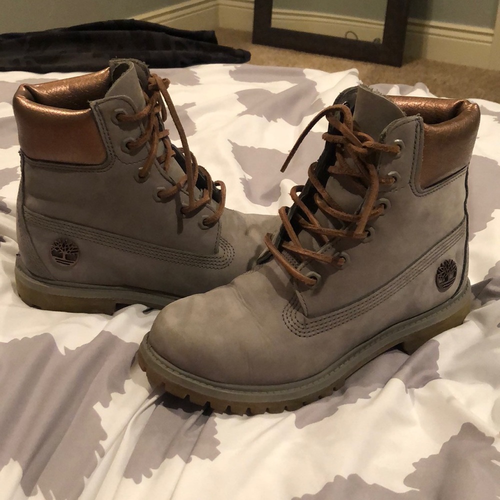 Women’s Timberlands- grey with bronze detailing